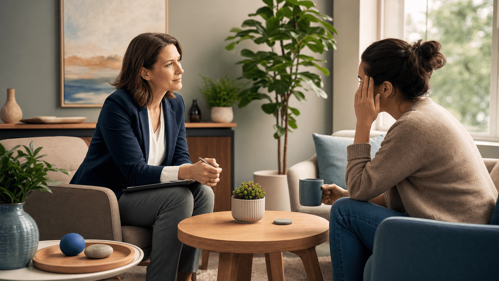 Calm pastel illustration of a person on a sofa with a thought cloud and small anxiety icons under soft window light.